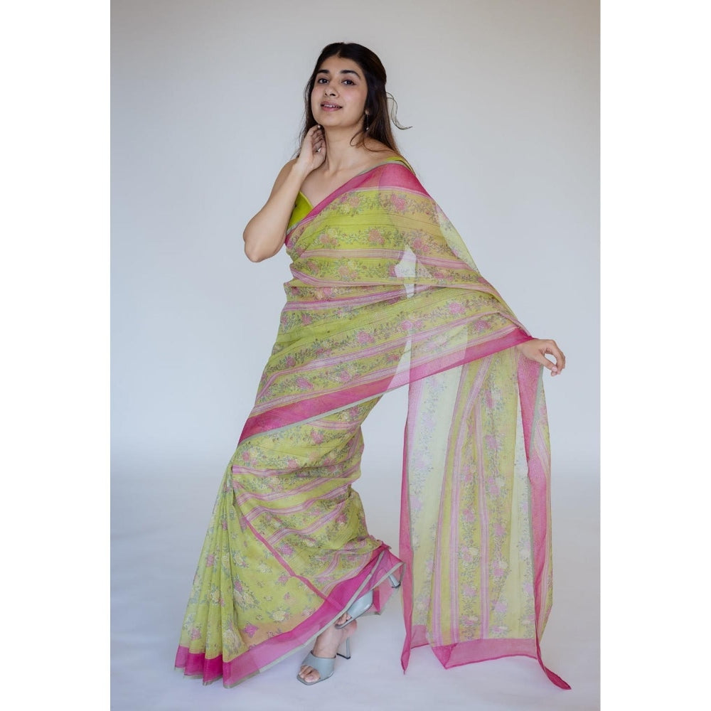 The Indian Ethnic Co. Print Cotton Kota Doria Saree with Unstitched Blouse