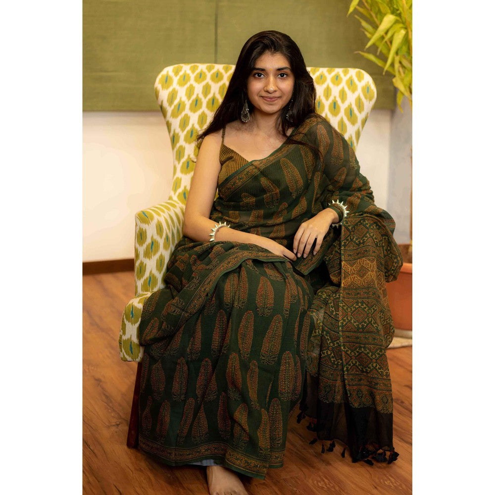 The Indian Ethnic Co. Ajrakh Natural Dyed Kota Doria Saree with Unstitched Blouse
