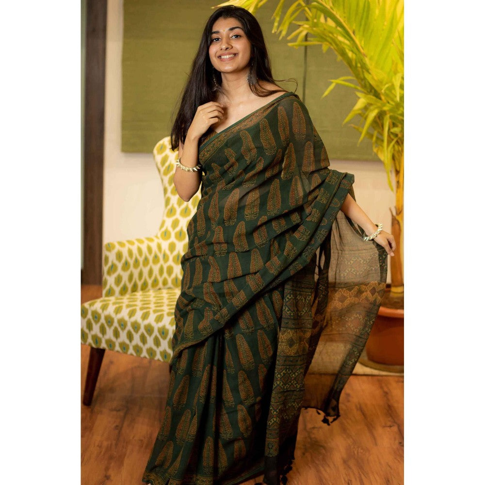 The Indian Ethnic Co. Ajrakh Natural Dyed Kota Doria Saree with Unstitched Blouse