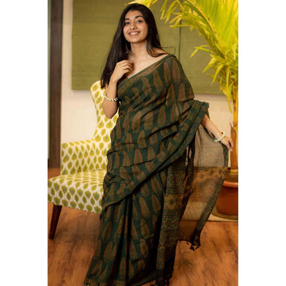 The Indian Ethnic Co. Ajrakh Natural Dyed Kota Doria Saree with Unstitched Blouse