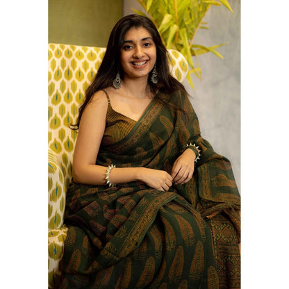 The Indian Ethnic Co. Ajrakh Natural Dyed Kota Doria Saree with Unstitched Blouse