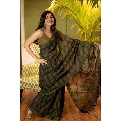The Indian Ethnic Co. Ajrakh Natural Dyed Kota Doria Saree with Unstitched Blouse