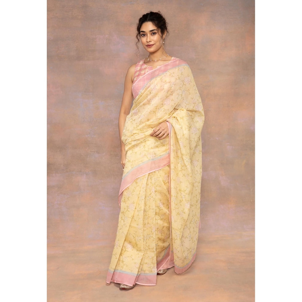The Indian Ethnic Co. Yellow Print Chanderi Silk Saree with Unstitched Blouse