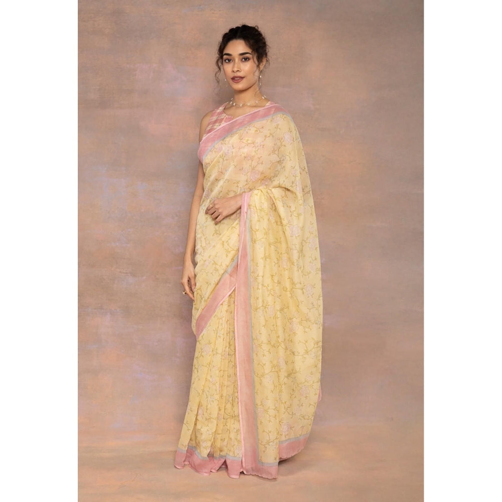The Indian Ethnic Co. Yellow Print Chanderi Silk Saree with Unstitched Blouse