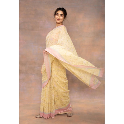 The Indian Ethnic Co. Yellow Print Chanderi Silk Saree with Unstitched Blouse