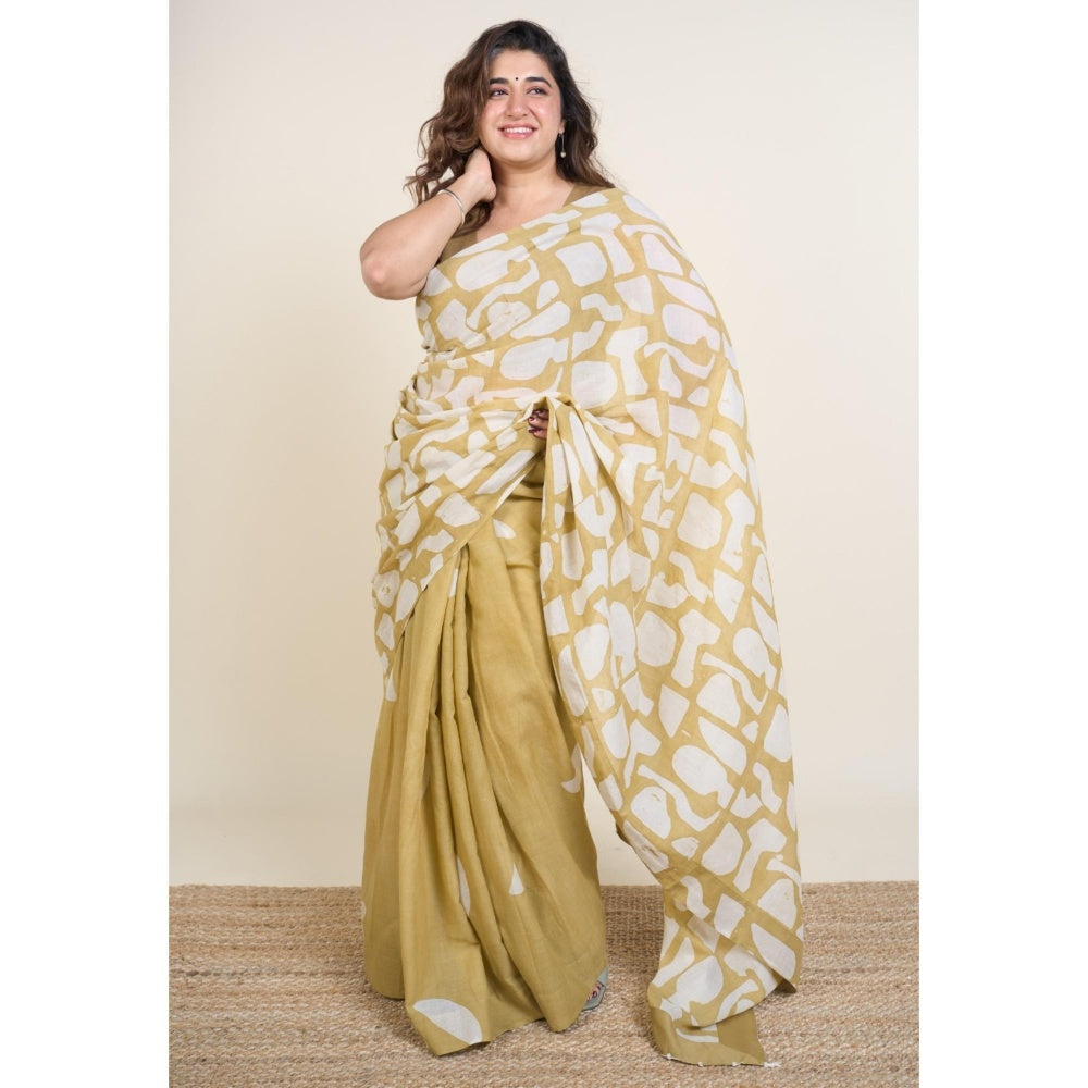The Indian Ethnic Co. Sabiha Khaki Batik Hand Block Print Mul Cotton Saree Without Blouse
