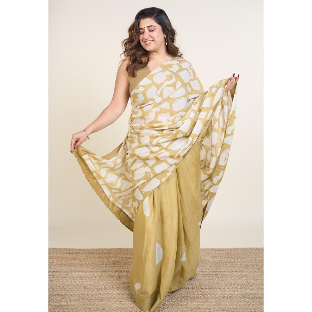 The Indian Ethnic Co. Sabiha Khaki Batik Hand Block Print Mul Cotton Saree Without Blouse
