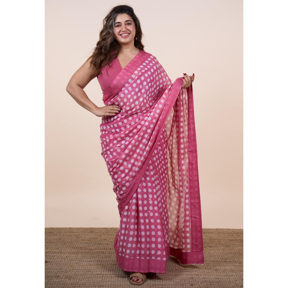 The Indian Ethnic Co. Areeza Pink Batik Hand Block Print Mul Cotton Saree Without Blouse