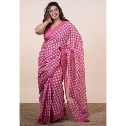 The Indian Ethnic Co. Areeza Pink Batik Hand Block Print Mul Cotton Saree Without Blouse