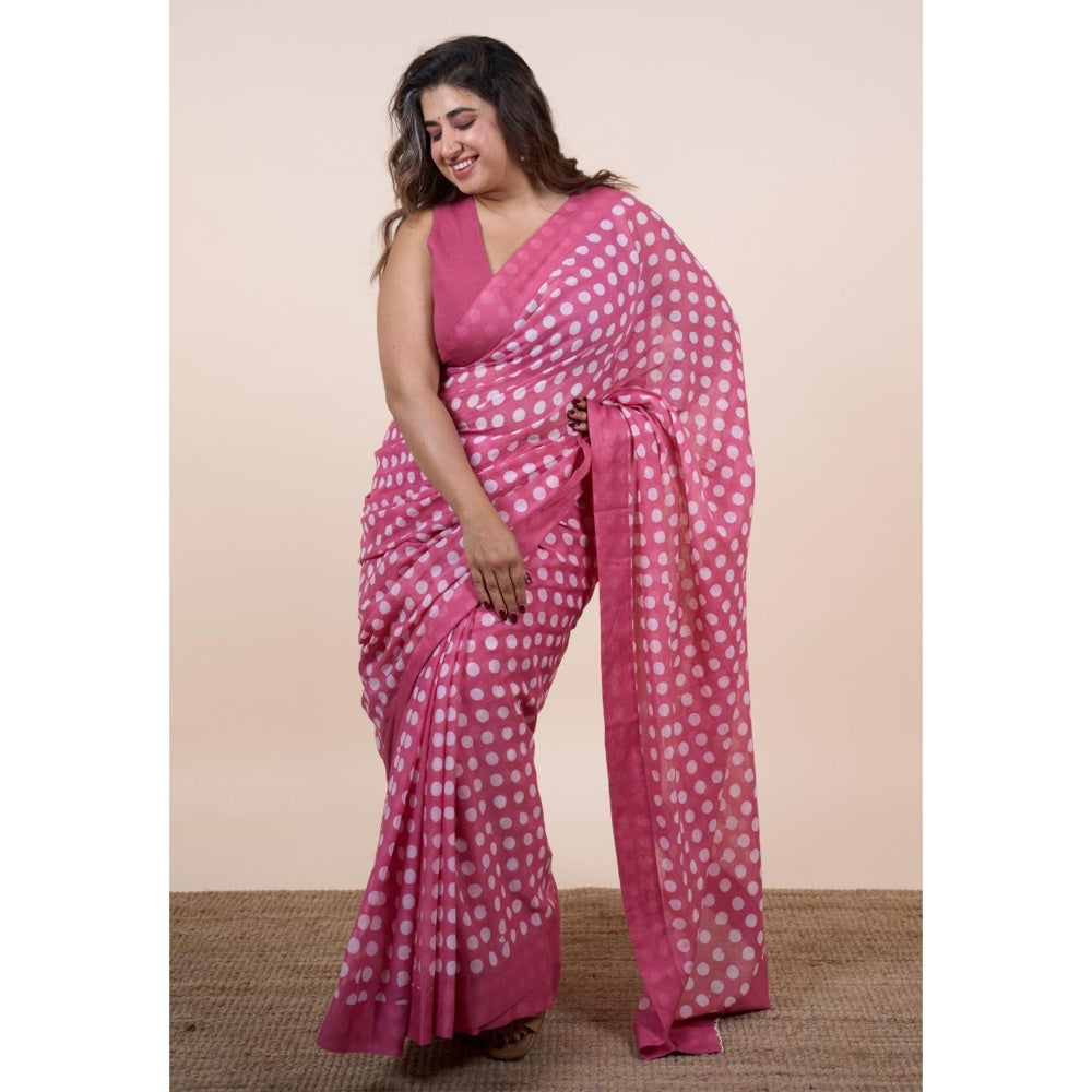 The Indian Ethnic Co. Areeza Pink Batik Hand Block Print Mul Cotton Saree Without Blouse