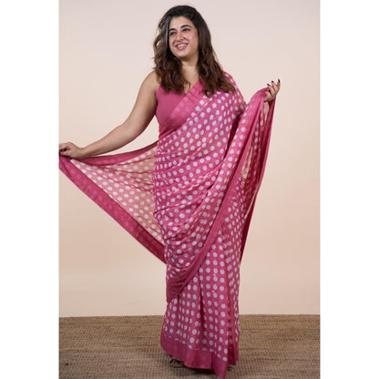 The Indian Ethnic Co. Areeza Pink Batik Hand Block Print Mul Cotton Saree Without Blouse