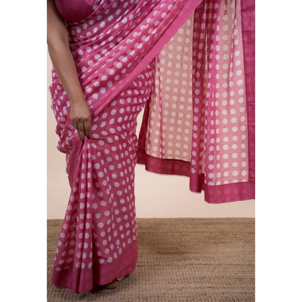 The Indian Ethnic Co. Areeza Pink Batik Hand Block Print Mul Cotton Saree Without Blouse