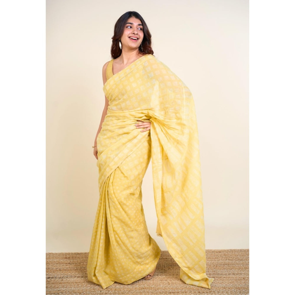 The Indian Ethnic Co. Ramisha Yellow Batik Hand Block Print Mul Cotton Saree Without Blouse