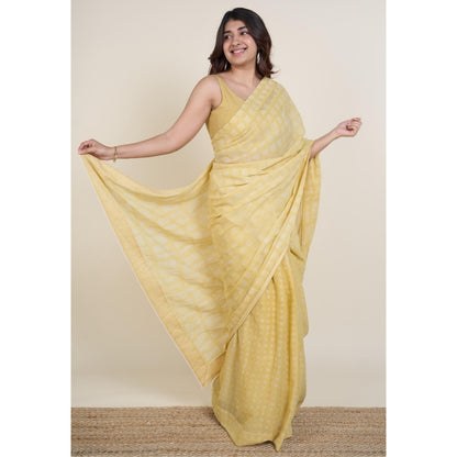 The Indian Ethnic Co. Ramisha Yellow Batik Hand Block Print Mul Cotton Saree Without Blouse