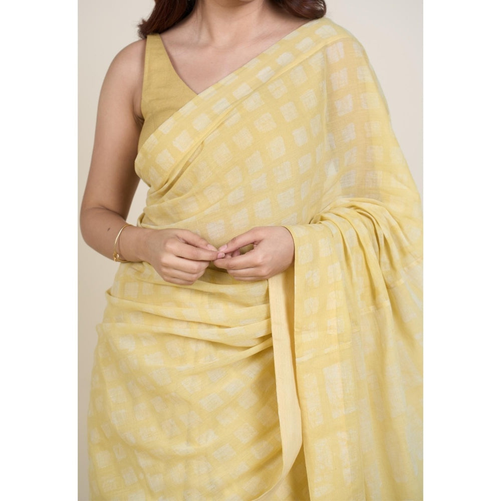 The Indian Ethnic Co. Ramisha Yellow Batik Hand Block Print Mul Cotton Saree Without Blouse