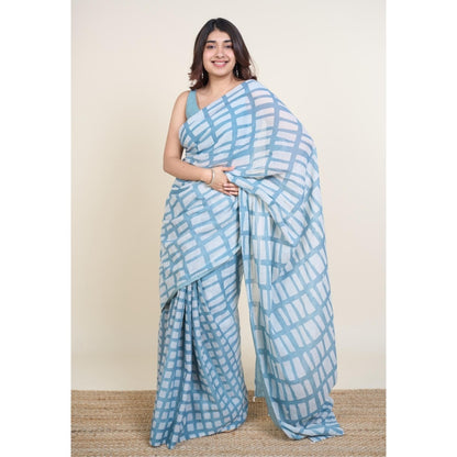The Indian Ethnic Co. Mishi Blue Batik Hand Block Print Mul Cotton Saree Without Blouse