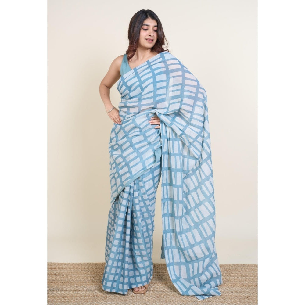 The Indian Ethnic Co. Mishi Blue Batik Hand Block Print Mul Cotton Saree Without Blouse