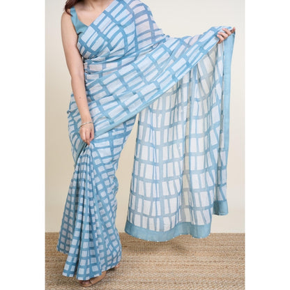 The Indian Ethnic Co. Mishi Blue Batik Hand Block Print Mul Cotton Saree Without Blouse