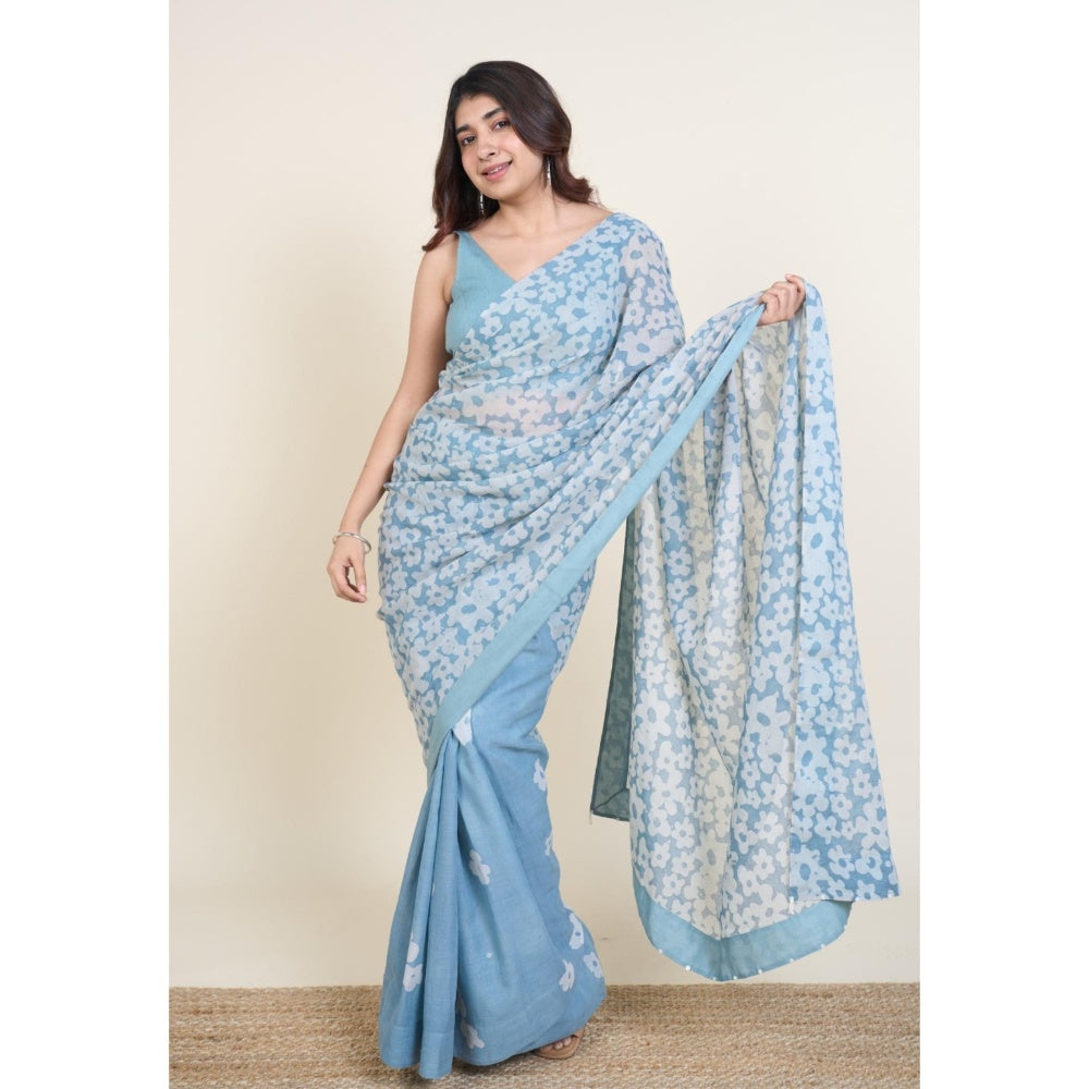 The Indian Ethnic Co. Warisha Blue Batik Hand Block Print Mul Cotton Saree Without Blouse