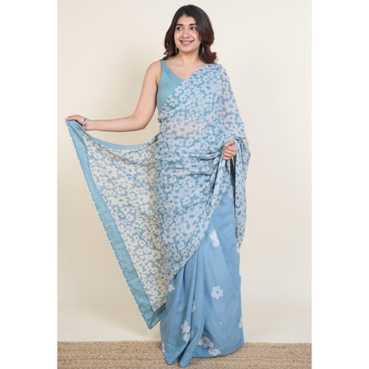 The Indian Ethnic Co. Warisha Blue Batik Hand Block Print Mul Cotton Saree Without Blouse