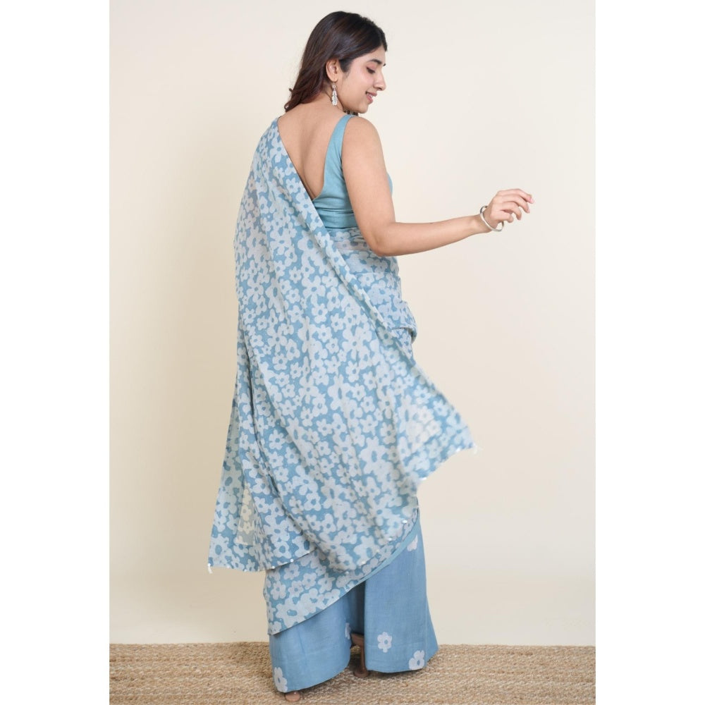 The Indian Ethnic Co. Warisha Blue Batik Hand Block Print Mul Cotton Saree Without Blouse