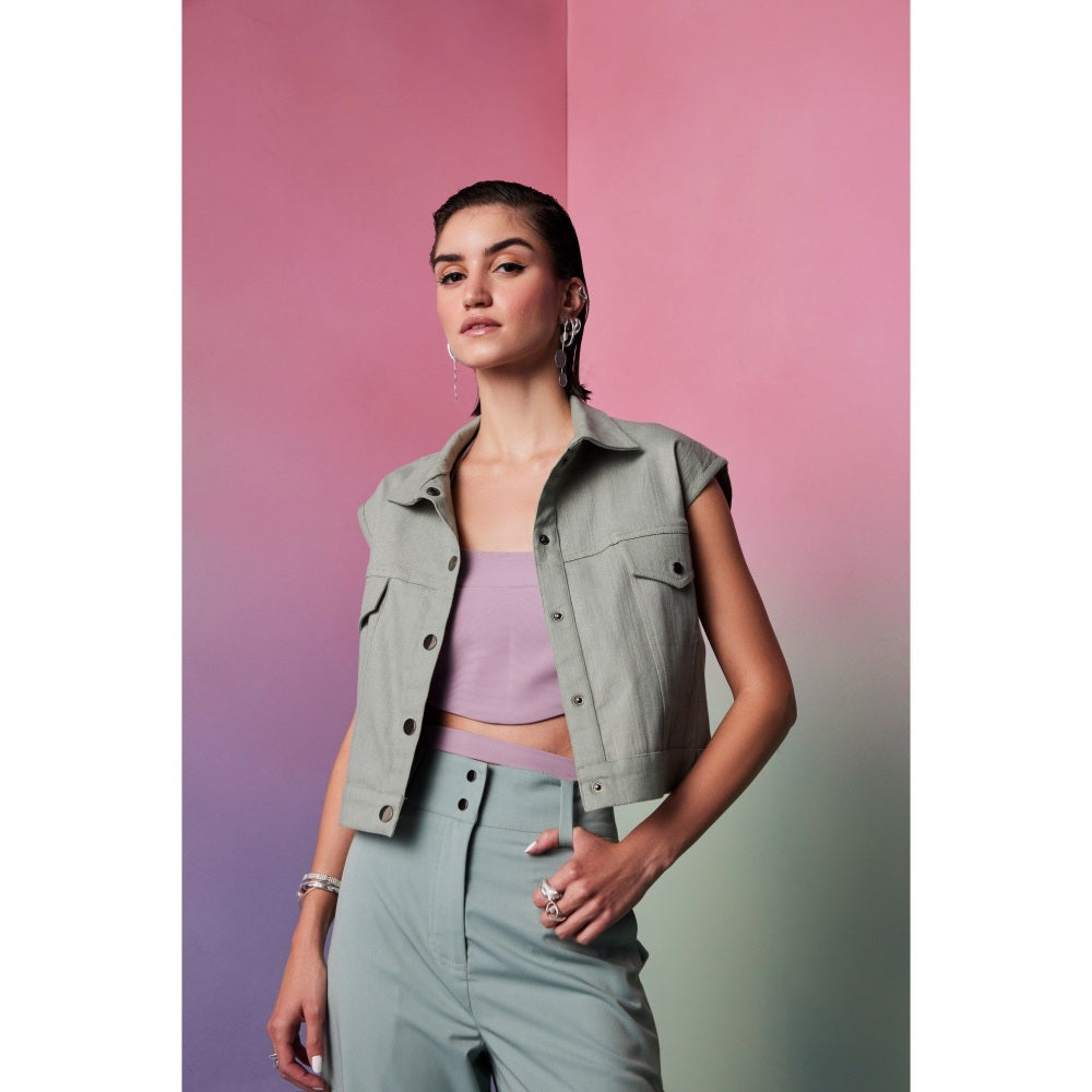 The Dapper Lady Prague Olive Solid Denim Jacket