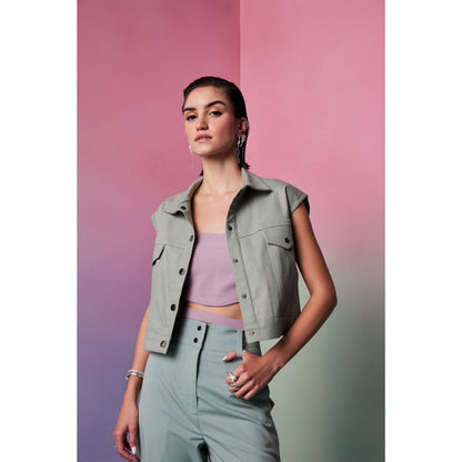 The Dapper Lady Prague Olive Solid Denim Jacket