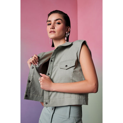 The Dapper Lady Prague Olive Solid Denim Jacket