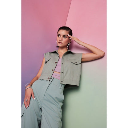 The Dapper Lady Prague Olive Solid Denim Jacket