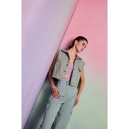The Dapper Lady Prague Olive Solid Denim Jacket
