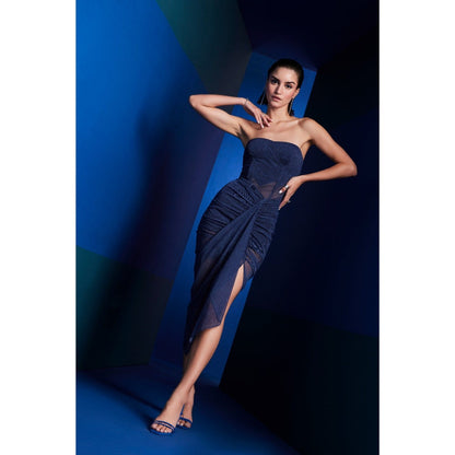 The Dapper Lady Seoul Navy Blue Solid Midi Skirt