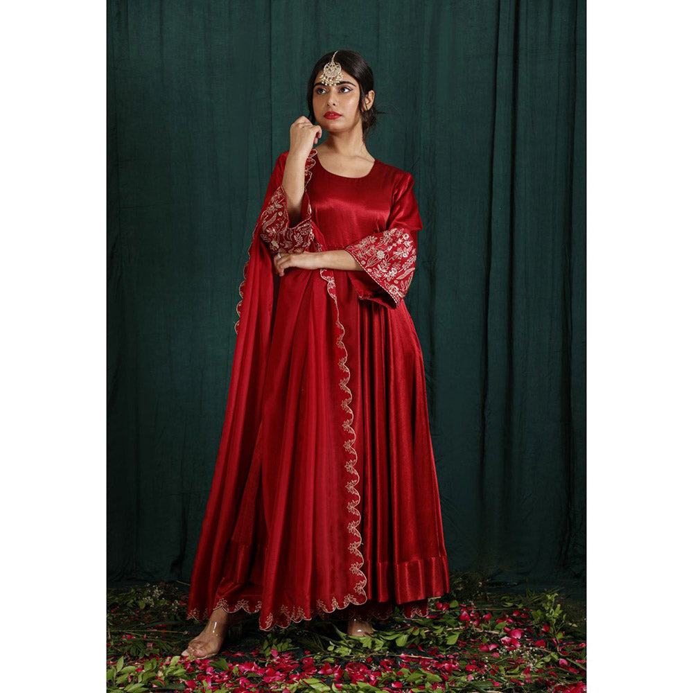 THE AARYA Ruby Red Mashru Silk Embroidered Anarkali (Set of 3)