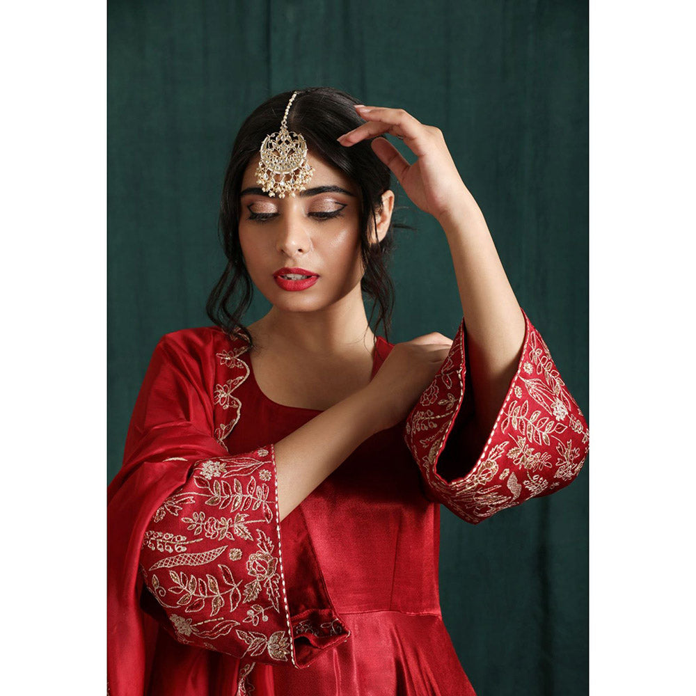 THE AARYA Ruby Red Mashru Silk Embroidered Anarkali (Set of 3)