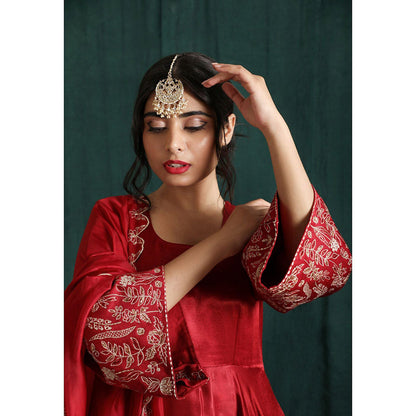 THE AARYA Ruby Red Mashru Silk Embroidered Anarkali (Set of 3)