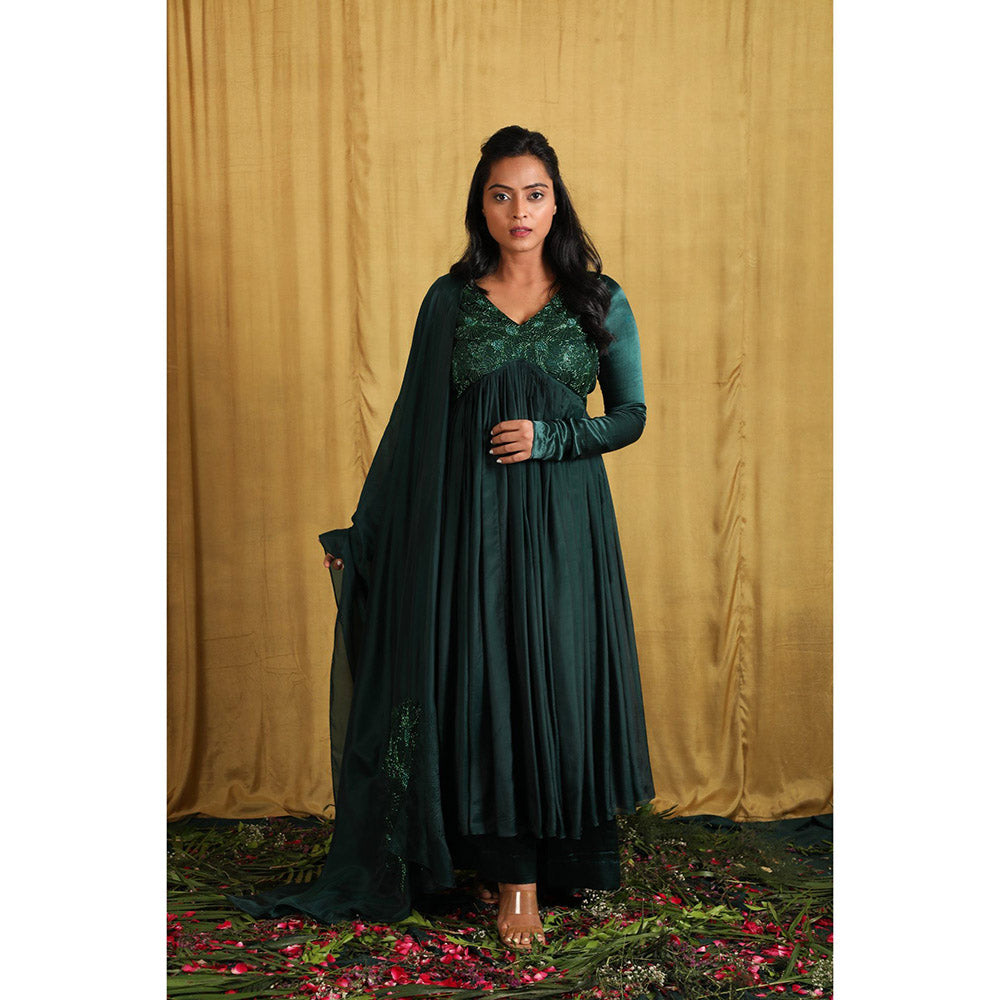 THE AARYA Emerald Green Taby Silk Embroidered Anarkali (Set of 3)