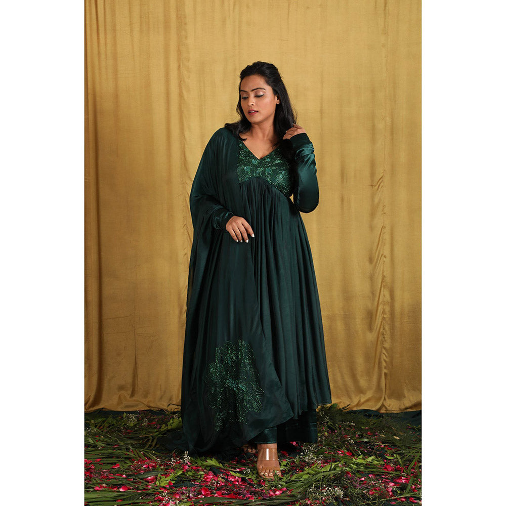 THE AARYA Emerald Green Taby Silk Embroidered Anarkali (Set of 3)