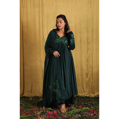 THE AARYA Emerald Green Taby Silk Embroidered Anarkali (Set of 3)