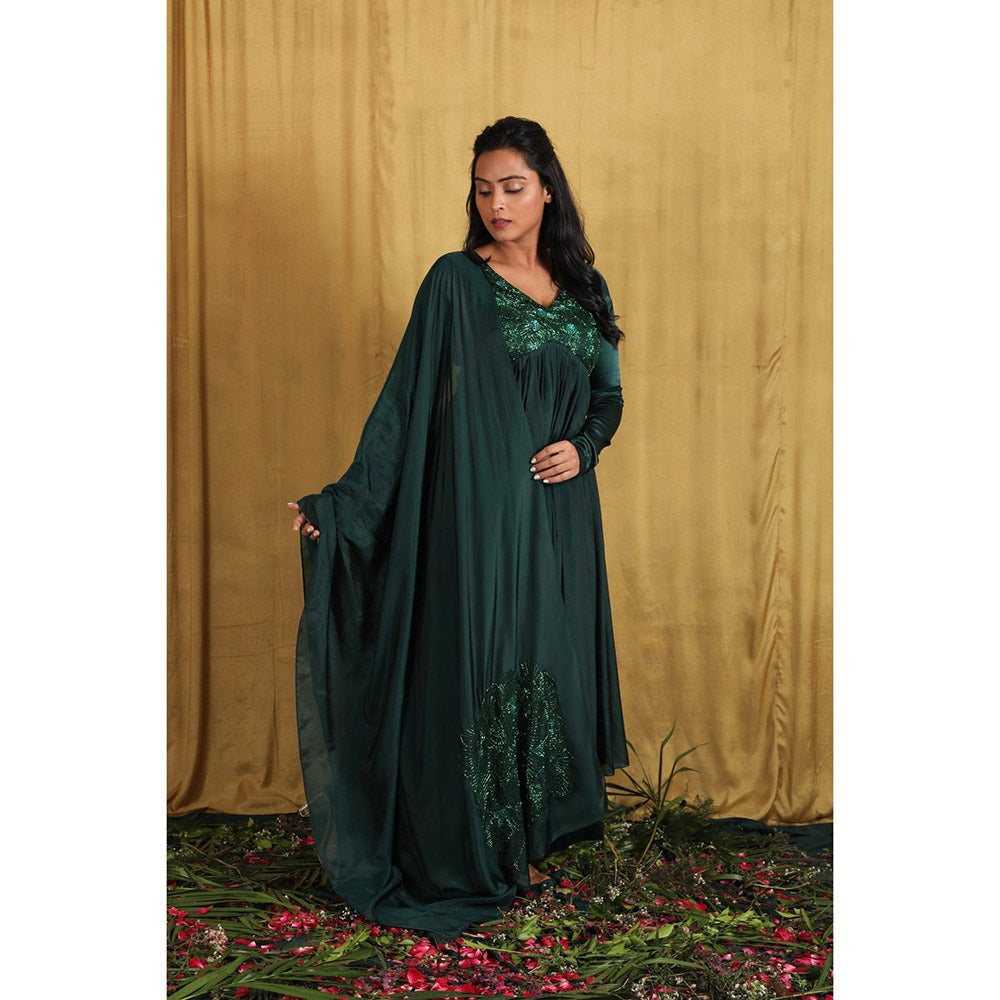 THE AARYA Emerald Green Taby Silk Embroidered Anarkali (Set of 3)