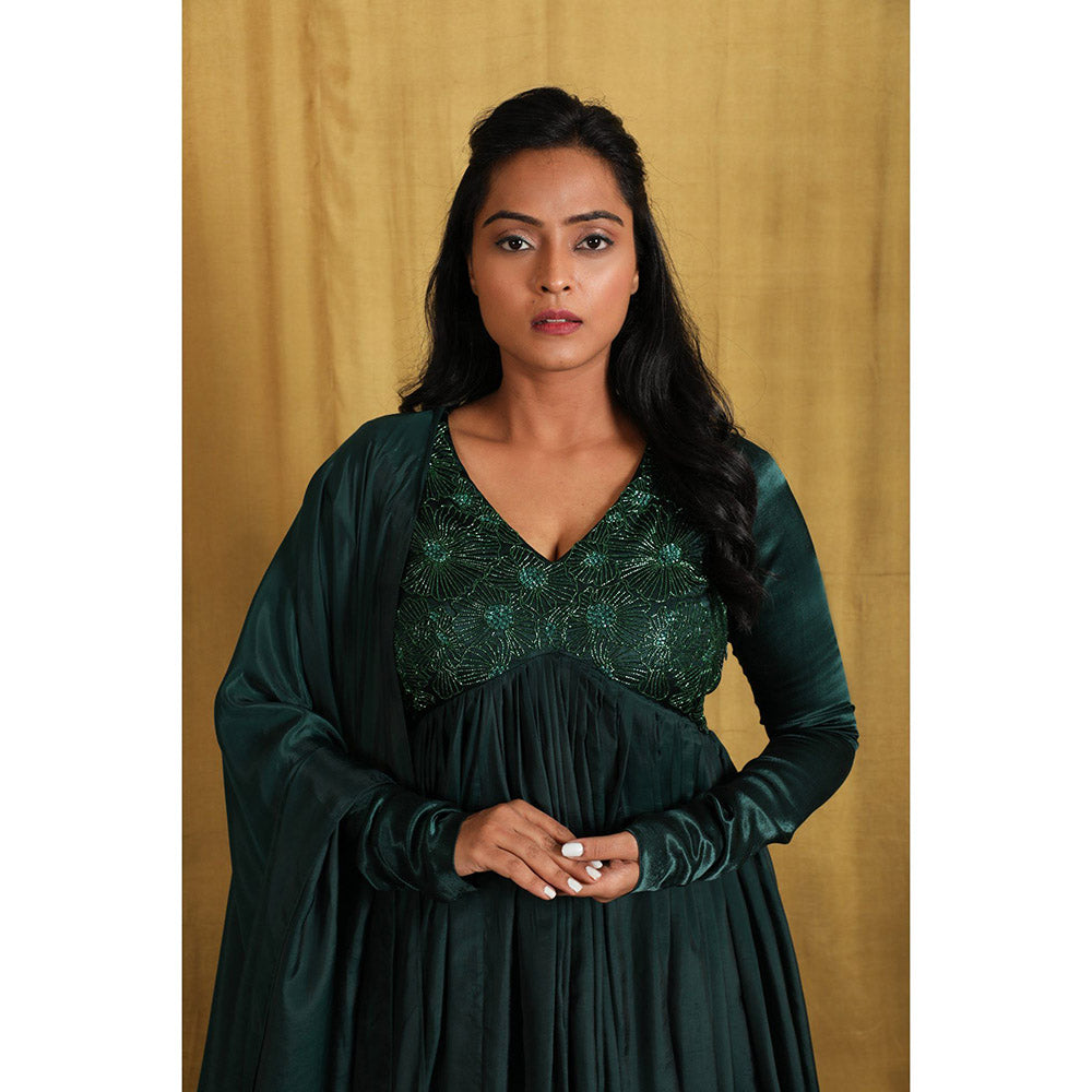 THE AARYA Emerald Green Taby Silk Embroidered Anarkali (Set of 3)