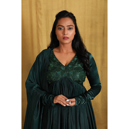 THE AARYA Emerald Green Taby Silk Embroidered Anarkali (Set of 3)