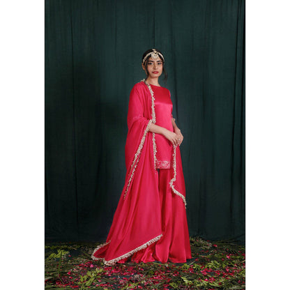 THE AARYA Blush Red Mashru Silk Embroidered Gharara (Set of 3)