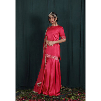 THE AARYA Blush Red Mashru Silk Embroidered Gharara (Set of 3)