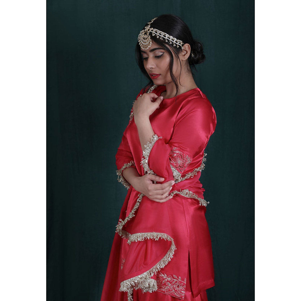 THE AARYA Blush Red Mashru Silk Embroidered Gharara (Set of 3)