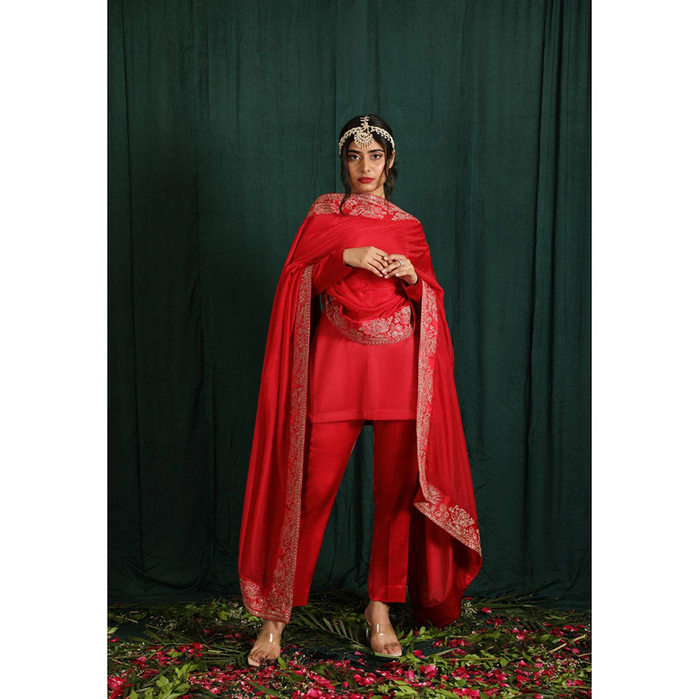 THE AARYA Red Mashru Silk Embroidered Short Kurta (Set of 3)