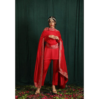 THE AARYA Red Mashru Silk Embroidered Short Kurta (Set of 3)