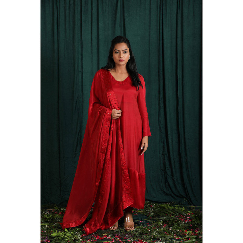 THE AARYA Ruby Red Taby Silk Kurta (Set of 4)