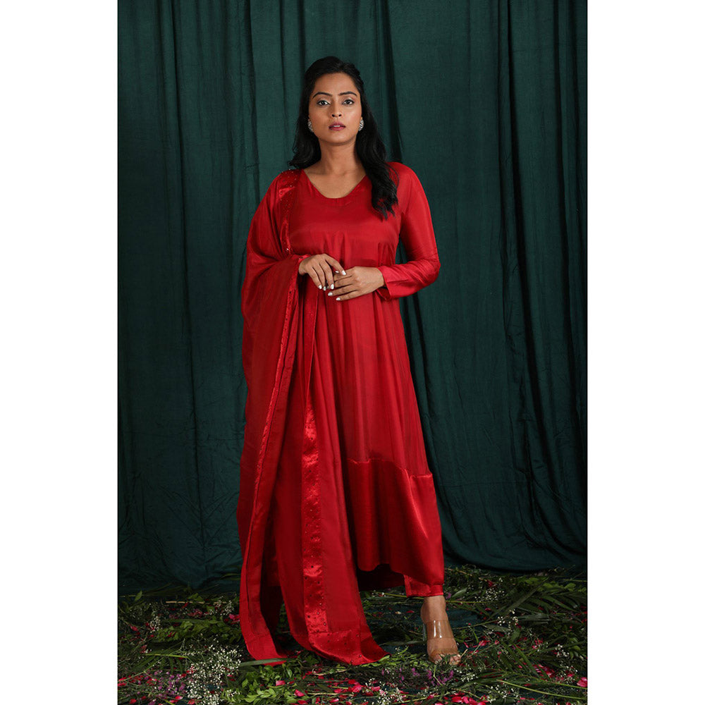 THE AARYA Ruby Red Taby Silk Kurta (Set of 4)