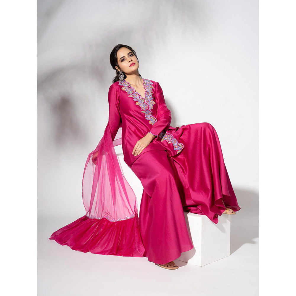 THE AARYA Fuchsia Pink Handwoven Chanderi Embroidered Gharara (Set of 3)
