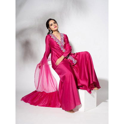 THE AARYA Fuchsia Pink Handwoven Chanderi Embroidered Gharara (Set of 3)