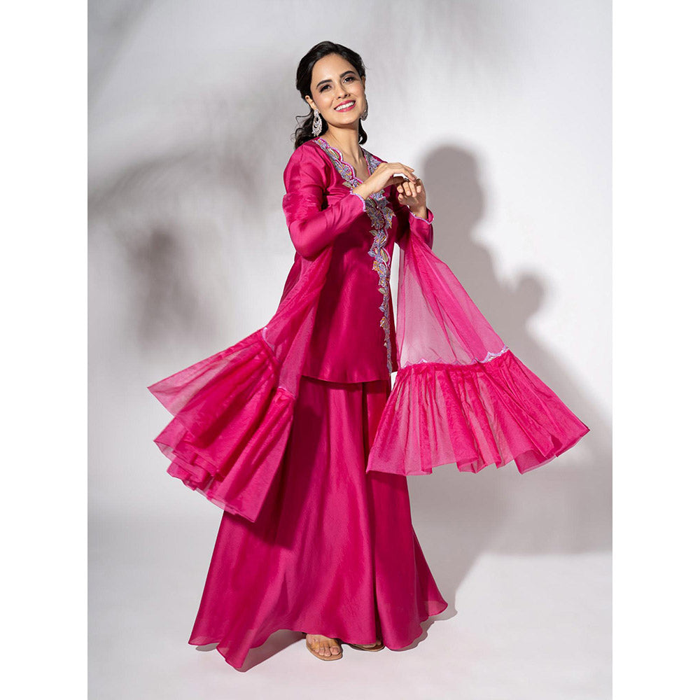 THE AARYA Fuchsia Pink Handwoven Chanderi Embroidered Gharara (Set of 3)